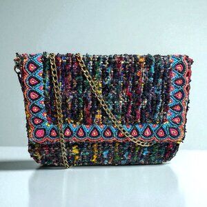 America & Beyond Tweed and Bead Beaded Shoulder Bag Clutch Crossbody